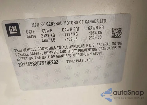 2015 Chevrolet Impala Ltz из США, поврежденный, VIN 2G1165S35F9106202